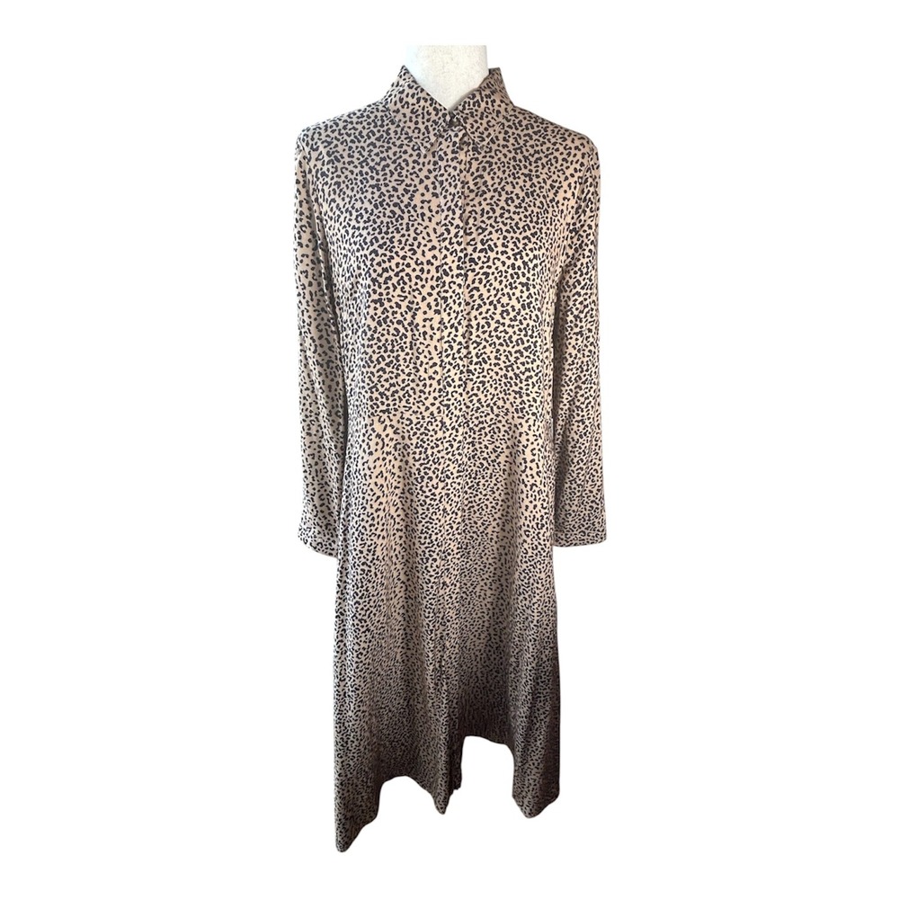 Tuckernuck Animal Print Shirt Dress Women Large Tan Leopard Long Sleeve Midi